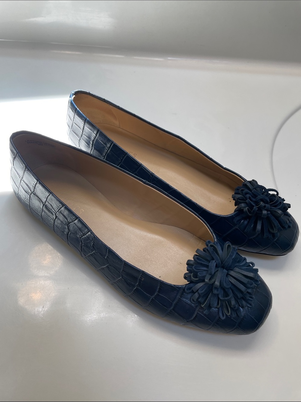 Talbots Women’s Stella Croc Embossed Leather Pom Pom Navy Blue Flats